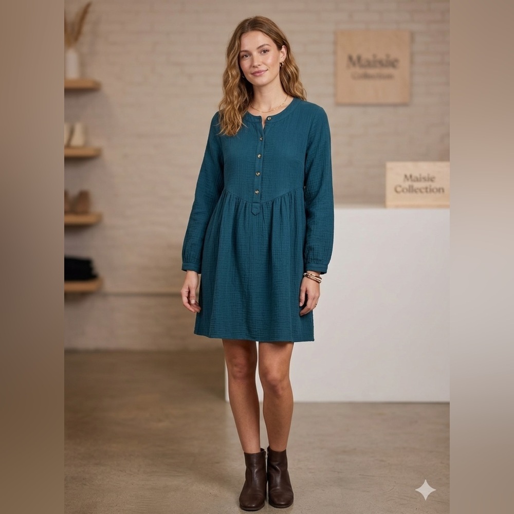 NWT Maisie Nordstrom Textured Long Sleeve Tiered Teal Dress , size Small